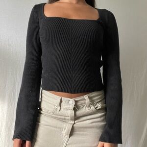 Hollister Black Ribbed Bell Sleeve Crop Top